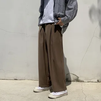 Primavara-Vara Pantaloni Largi de Moda pentru Bărbați Negru Maro Pantaloni Casual Barbati coreean Vrac Drept-picior Costum Pantaloni Barbati Pantaloni Rochie