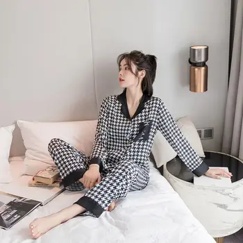 Qianniaoge pijamale femei primăvara și vara cu maneci lungi pantaloni subtiri stil mare brand de moda acasă costum