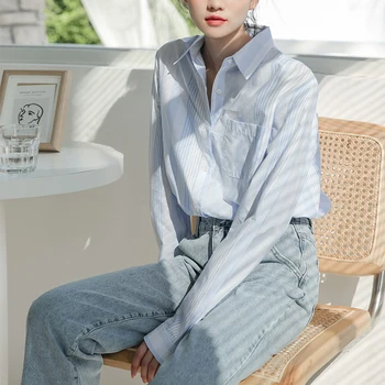 QOERLIN OL Stil Femei cu Maneci Lungi Guler de Turn-Down Albastru cu Dungi Casual, Bluze de Moda coreeană Pocket Button Up Shirt Topuri