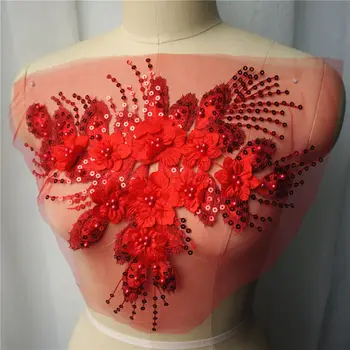 Red Sequin Ciucure 3D Floare Trandafir Margele Dantelă Tesatura Brodate Rochie de Aplicatii Guler Plasă Coase Patch-uri Pentru Decor Nunta DIY