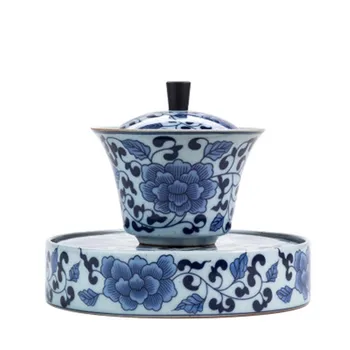 Retro Porțelan Albastru și Alb Trei Talentat Capac Vas de Ceramică din China Kung Fu Set de Ceai Jingdezhen Castron Mare Ceașcă de ceai Gaiwan