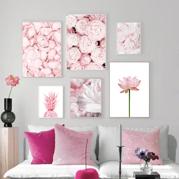 Roz, Ananas, Trandafir, Floare De Lotus Postere De Perete Nordic Botanică Florale Imprimare Panza Pictura Arta Imaginile Pentru Camera De Zi Decor