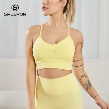SALSPOR Galben 2 Buc de Fitness, Treninguri Pentru Femei Seturi Sexy rochie fără Mâneci fara Spate Push-Up Sutien pantaloni Scurți de Înaltă Talie Jambiere Wom