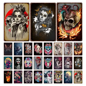 Scheletul Craniului Tin Semne Mexican Zi de Festival a Murit Placa de Arta de Perete Metal Pictura Party Magazin Acasă Saloanele de Tatuaj Placa