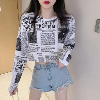 Scurt Roșu Net coreene Ziar de Imprimare cu mâneci Lungi T-shirt pentru Femei Toamna anului Nou Top Bottom Tricou Maree