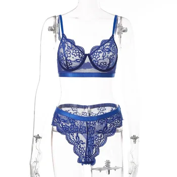 Set de lenjerie Sexy, Chilotei si Sutien Plus Dimensiune Spandex îmbrăcăminte de noapte pentru Femei Halat Albastru Transparent Sutien Lenjerie 2 Piese Vedea Prin