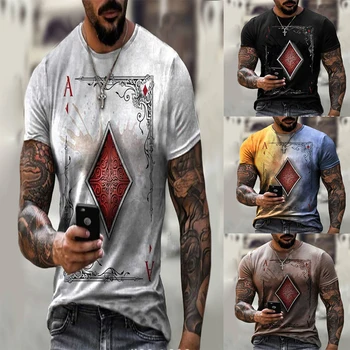 Street Moda Carti de Joc Grilaj Pătrat 3D T-Shirt pentru Bărbați de Mari Dimensiuni Casual Scurte Pulover Pierde T-Shirt