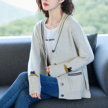 Toamna Pulover Femei Cardigan Tricotate Haina De Moda Brodate V Gât Temperament Maneca Lunga 2021 Liber Casual Elegant Coreeană