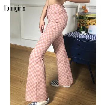 Tonngirls Roz Checkboard Carouri Femei De Înaltă Talie Pantaloni Flare Bell Blugi Streetwear 2021 Primavara Toamna Haine Pantaloni Coreeană