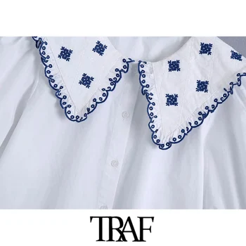 TRAF Femei Dulce Moda Mozaic Broderie Poplin Bluze Vintage Puff Maneca Buton-up Feminin Tricouri Topuri Chic