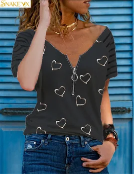 Tricou femei 2021 Vara, cu Dungi, Maneci Scurte Tipărite de Dragoste Drăguț Imprimate Liber Casual cu Fermoar V-gât Moale și Subțire T-shirt