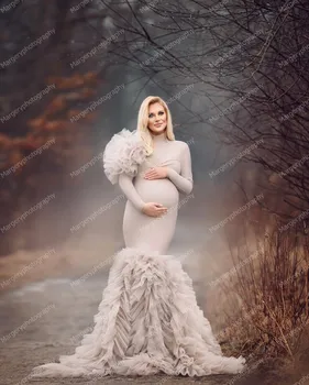 Unic De Înaltă Gât Mâneci Tul Rochii De Maternitate Pentru Fotografie Volane Luxuriante Flori Pregnanty Femei Rochii Etaj Lungime