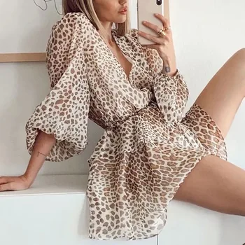 V-neck Leopard Maneca Lunga Vara Vintage Sexy Zaraing stil Za 2021 Femei Sheining Kawaii Lolita Y2K Halat Rochie de Petrecere