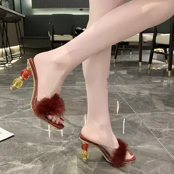 Vara Femei Pantofi Pentru Femeie Slide-Uri Plexiglas Transparent De Cristal Tocuri Inalte Blana Peep Toe Catâri Papuci Doamnelor Tobogane De Pantofi Plus Dimensiune