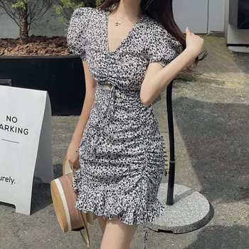 Vara Francez Rochie De Imprimare Femei 2021 Sexy V-Neck Cordon Gol Falduri Elegante Bodycon Haine Coreeană Chic Slim Vestido De Mujer