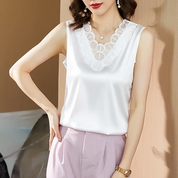 Vara Moda coreeană Silk Tank Top Femei Satin Birou Doamnă Rezervor de Top Plasă de Dantelă Negru Solid Cami Top Vrac pentru Femei