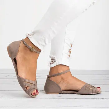 Vara Pantofi Noi Femeie deget de la picior Deschis O Curea Curea Împachetări Cross-Tricot Plat Sandale pentru Femei, Plus Dimensiune