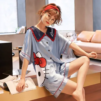 Vara, Pijamale pentru Femei Maneci Scurte Sexy Gheață Subțire de Mătase Stil Liber Homewear Set