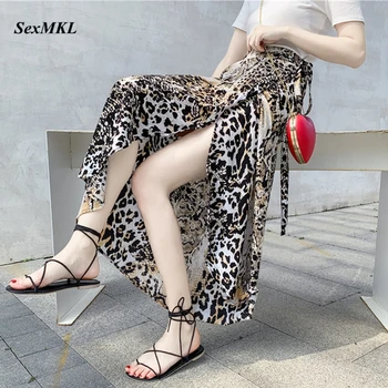 Vara Vintage Lungi Fuste Femei 2021 Moda Casual Leopard Print Wrap Fusta Y2k Sexy Coreea Sifon O Linie De Maxi Mujer Faldas