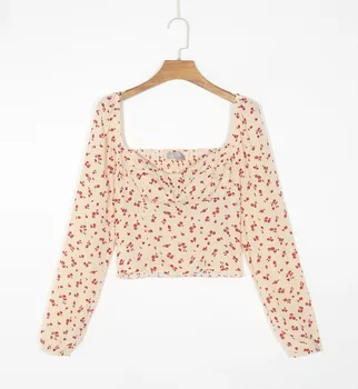 Vintage Franța stil Crema Floral Print Shirt Femei Sexy Pătrat Guler Spate Elastic Pulovere Bluza Trunchiate Topuri Harajuku