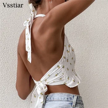 Vsstiar Casual Print Tank Top 2021 Plus Dimensiune Backless Arc Sexy T-Shirt Alb Pentru Femei Floral Clubwear Vara Halter Culturilor Topuri