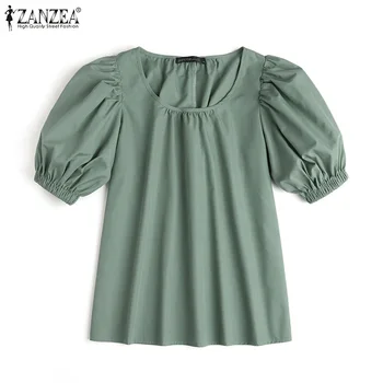 ZANZEA Moda Bluza Femei 2021 Vara Blaturi Solide Office Lady Puff Maneca Blusa Liber Casual Plisate O-Gât Pulover Supradimensionat