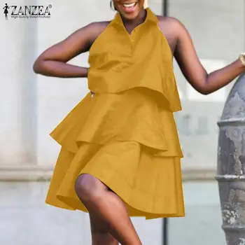 ZANZEA Moda Unduiri Rochie de Vara pentru Femei Sundress Elegant Rever fără Mâneci Gât Petrecere Vestido Casual Solid Rochii de Plajă Halat