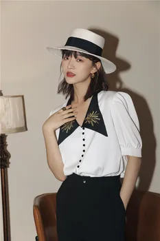 ZCSMLL Puff Maneca Bluza Vintage V Gâtului Vară Broderie Maneca Scurta Doamnelor Butonul de Sus coreeană de Moda de Îmbrăcăminte J055