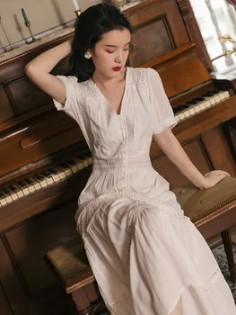 2 Culori Rosu Si Alb Din Bumbac Pentru Femei Rochie Lunga De Vara-Coreean Streetwear Gol V-Neck De Mari Dimensiuni Rochii De Plajă Vestido Branco