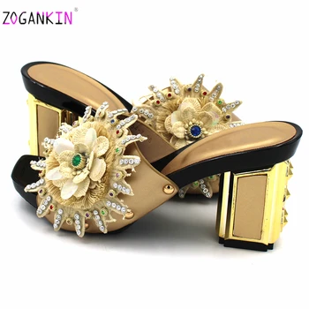 2020 Nou Design Destul de Femeile Pantofi cu Applques în Aur de Culoare Nigerian Doamnelor Sandale Papuci de casă cu Cristal pentru Nunta