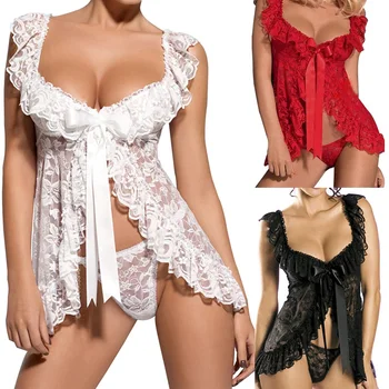 2020 Noua Lenjerie Sexy Halat Femei Rochie Erotic Costume Dantela Pijamale Cămașă De Noapte+ Sexy G-String Pijamale Camasi De Noapte