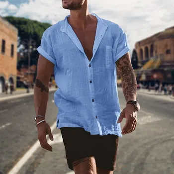 2021 Barbati Maneca Scurta Camasi Vara Lenjerie de pat din Bumbac Tricotate Cardigan de Culoare Solidă pentru Bărbați Sexy V-Neck Butonul Bluze Camasa Homme