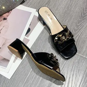 2021 Fashion Square Toe Cu Toc Papuci Doamnelor Elegante Lanț Peep Diapozitive Sandale Pantofi Flip Flop Interior Ytmtloy Casa Catâr