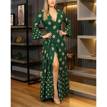 2021 Femei Dot Print Floral Split Maxi Sexy Gât Adânc V Volane Dantela-Up Petrecere Robă Lungă, Elegantă Femme Rochii De Toamna
