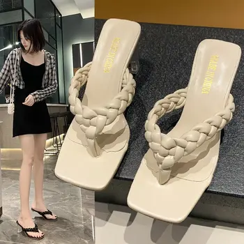 2021 Noi de Vara Femei Flip Flops, Sandale din Piele Diapozitive Împletitură Cablu 8cm Transparent Toc Patrat Verde Pantofi pentru Femeie Papuci