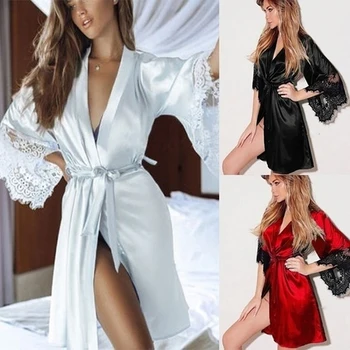 2021 Noi femei Sexy Pijamale de Vara Sexy si Damele de Halat din Satin de Mătase, cu Dantelă Confortabil Pijamale Pijamale Dress