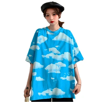 2021 Vara Cerul Și Norii Print Casual Mâneci Scurte Tricou Femei O De Gât Harajuku Streetwear Haine De Moda Pierde T-Shirt