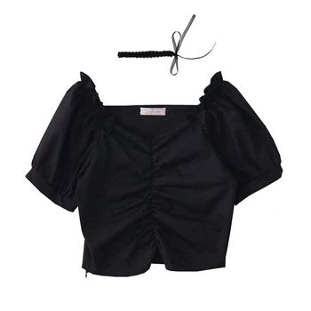 2021 Vara Noi Streetwear Falduri Bluze Femei Coreeană Stil Vintage Square Guler Culturilor TopsLady Elegant Puff Maneca Scurta Blusas