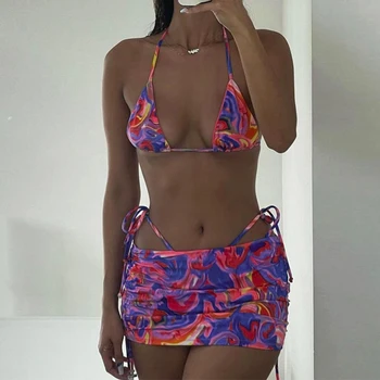 2021 Vara Plaja Femei Vacanță Fusta Mini Sexy Seturi de Potrivire Halter Lace-up Topuri + Cordon Bandaj Fusta Femei la Modă Costume