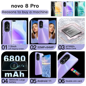 2021 Versiune Globală Novo 8 Pro Gratuit Nava 7.3 Inch 32MP+64MP Snapdragon 512GB 16GB Android 11.0 aparat de Fotografiat Telefon Mobil 6800mAh