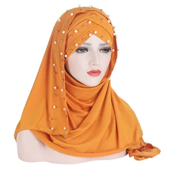 2021muslim eșarfă simplu hijabs perle tesatura șaluri și împachetări femme hijab musulman gata să poarte turban femei eșarfe cap