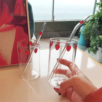 300ml de Capsuni Drăguț Nordic Ceașcă de Sticlă Cu Paie Creative Transparent Cana de Apa Student Lapte de Sticlă Rezistentă la Căldură