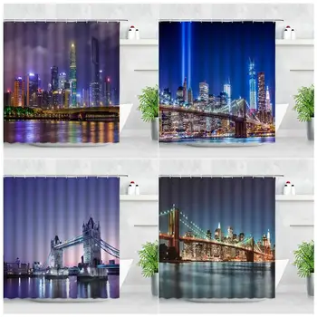 3D New York, Brooklyn Bridge Vedere de Noapte Perdele de Dus London City Peisaj Natural Modern Decor Acasă Cârlige de perdele Baie Set