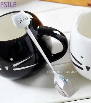 400ml Ceramice Drăguț Alb Negru Cat Cani cu Lingura Cafea Ceai Lapte Animal Cani cu Maner Drinkware Câteva Cadouri Frumoase