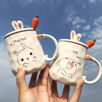 420ml Ceramice Iepure cana cu desene animate 3D stereo cupa capacul și ridiche Lingura de Cana de Cafea Creative Drăguț Cuplu Ceașcă de fata cadouri