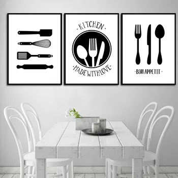 Alb Negru Gătit Cu Dragoste De Bucătărie Citat De Perete De Arta Pictura Panza Printuri Postere Sala De Mese Bucătărie Decorare Imagine