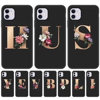 Aur Scrisoare Pentru iPhone 11 12 Alfabetului Caz de Flori Print Floral Black Cover Pentru iPhone X 7 8 6S Plus 55S XS 12 11 Pro Mini Max