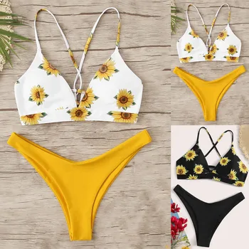 Bikini Sexy 2021 Floarea-Soarelui Imprimare Swinsuit Costume De Baie Femei, Talie Joasa Push-Up Înapoi Cruce Set De Bikini Pe Plajă Braziliană Biqiuni