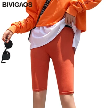 BIVIGAOS Subtire de Primavara-Vara de Bumbac Împletit Talie Elastic Culoare Motociclist pantaloni Scurți de Sport Femei Genunchi Lungime pantaloni Scurți de Fitness, pantaloni Scurți