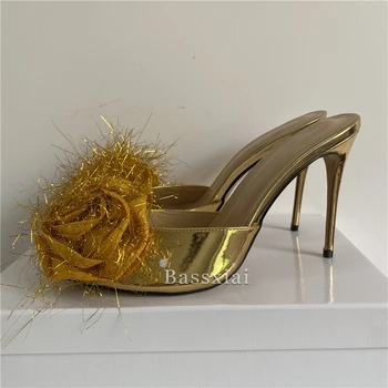 Bling Pluș Flori Sandale Pentru Fete Femei 10 cm Toc Stiletto Peep Toe Pantofi de Piele de Brevet de Vară Sandalias Mujer